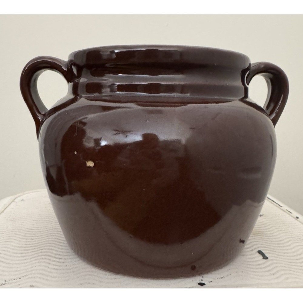 Vintage Brown Glaze Stoneware Crock Bean Pot With Handles/Lid Pottery USA 6" h